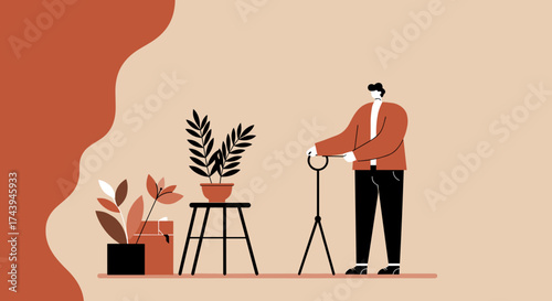 Man with tripod and plants capturing moments at home Creative hobby and lifestyle concept
