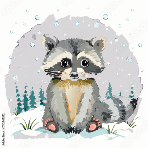 Ein Waschbär-Junges sitzt im Schnee, das flauschige Fell leicht von Schneeflocken bedeckt