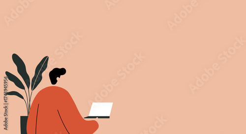 Modern lifestyle person working remotely on laptop at home with houseplant