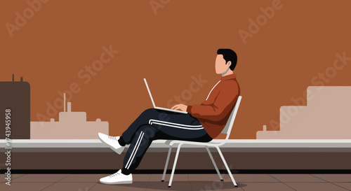 Man working on laptop in a casual setting with an urban background Remote work digital lifestyle
