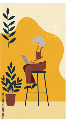 Senior woman using laptop at home office Modern digital learning remote work or connection