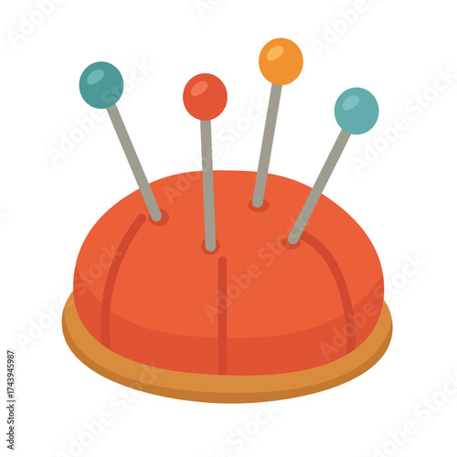 Flat vector illustration of a red pincushion with colorful pins, isolated minimal design, creative sewing cartoon clipart.