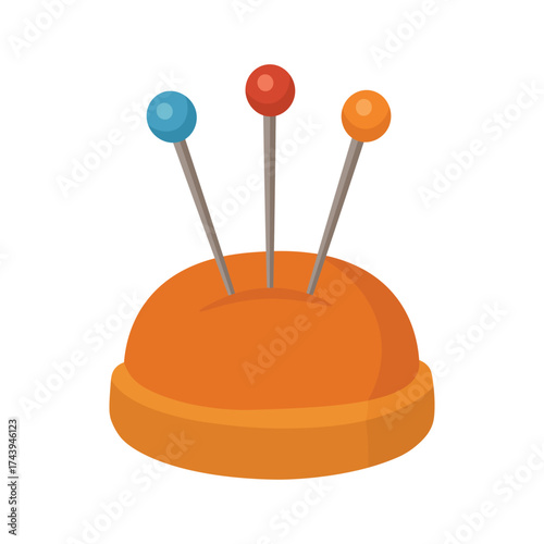 Flat vector illustration of an orange pincushion with colorful sewing pins, isolated minimal creative cartoon clipart.