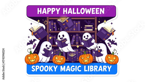 Happy Halloween's Spooky Scene: Embrace the eerie charm of Halloween with adorable ghosts, glowing pumpkins, and spellbinding books, all set against a backdrop of a mystical library.