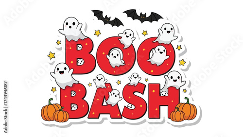Halloween Boo Bash: Spooky and fun illustration features charming ghosts, bats and pumpkins in celebration of Halloween. This festive artwork is perfect for conveying the spirit of the holiday