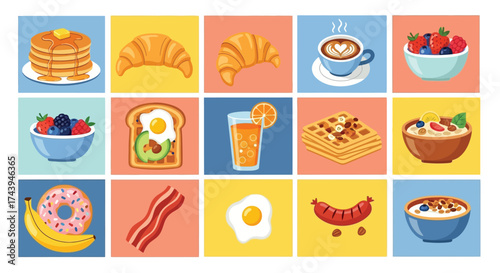 Assortment of Delicious Breakfast Food Items Displayed in a Grid Layout