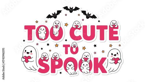 Halloween's Cutest: An adorable gathering of charming ghosts and bats sets a playful tone for the Halloween season. the words too cute to spook evoke feelings of joy and happiness 