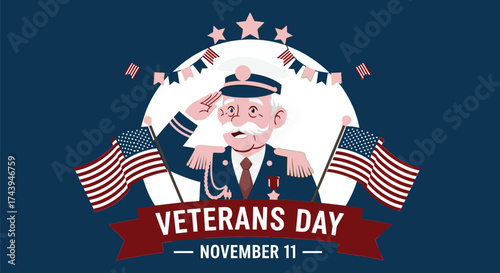 Proud veteran salutes with American flags on Veterans Day, celebrating service and patriotism