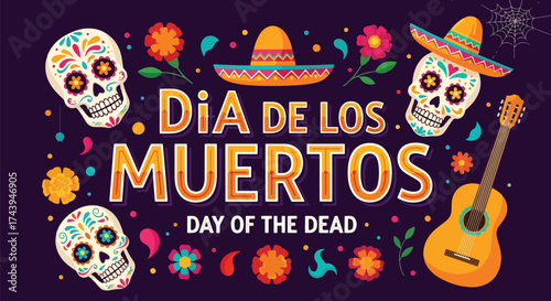 Flat style illustration of Día de los Muertos poster with sugar skulls, sombreros, and guitar, celebrating Mexican Day of the Dead, culture, remembrance, and festive tradition