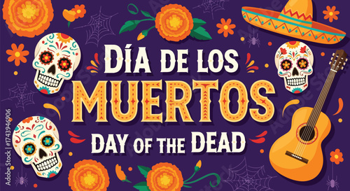 Flat style illustration of Día de los Muertos poster with sugar skulls, sombreros, and guitar, celebrating Mexican Day of the Dead, culture, remembrance, and festive tradition