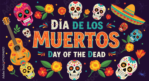 Flat style illustration of Día de los Muertos poster with sugar skulls, sombreros, and guitar, celebrating Mexican Day of the Dead, culture, remembrance, and festive tradition