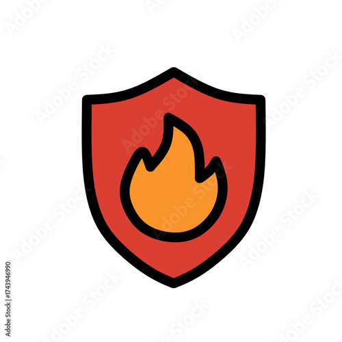 Fire protection shield icon, safety symbol, flame, security, risk, danger, red