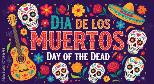 Flat style illustration of Día de los Muertos poster with sugar skulls, sombreros, and guitar, celebrating Mexican Day of the Dead, culture, remembrance, and festive tradition