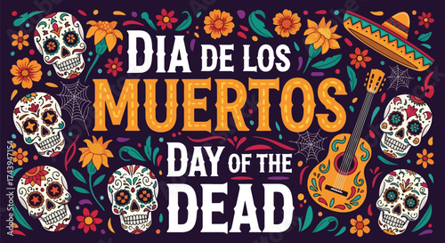 Flat style illustration of Día de los Muertos poster with sugar skulls, sombreros, and guitar, celebrating Mexican Day of the Dead, culture, remembrance, and festive tradition