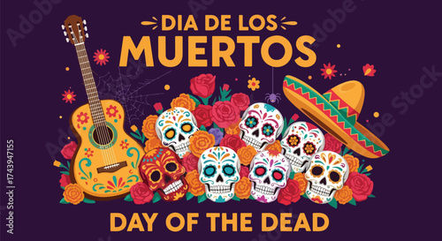 Flat style illustration of Día de los Muertos poster with sugar skulls, sombreros, and guitar, celebrating Mexican Day of the Dead, culture, remembrance, and festive tradition