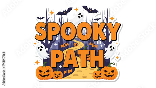 Spooky Path Illustration: A vibrant illustration of a Spooky Path sets the stage for a thrilling Halloween scene, featuring grinning pumpkins, ghostly figures, and bats.