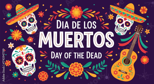 Flat style illustration of Día de los Muertos poster with sugar skulls, sombreros, and guitar, celebrating Mexican Day of the Dead, culture, remembrance, and festive tradition