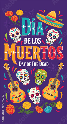 Flat style illustration of Día de los Muertos poster with sugar skulls, sombreros, and guitar, celebrating Mexican Day of the Dead, culture, remembrance, and festive tradition