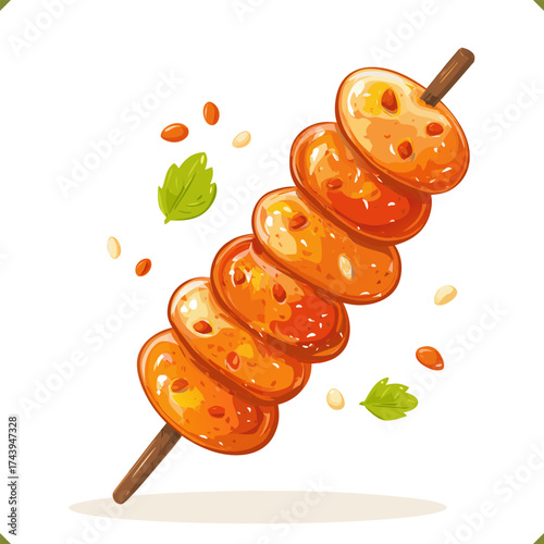 Vector illustration of colorful Japanese dango skewers with sweet sauce, seeds and citrus, traditional asia dessert snack, isolated on a white background