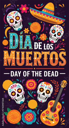Flat style illustration of Día de los Muertos poster with sugar skulls, sombreros, and guitar, celebrating Mexican Day of the Dead, culture, remembrance, and festive tradition