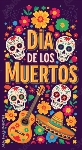 Flat style illustration of Día de los Muertos poster with sugar skulls, sombreros, and guitar, celebrating Mexican Day of the Dead, culture, remembrance, and festive tradition