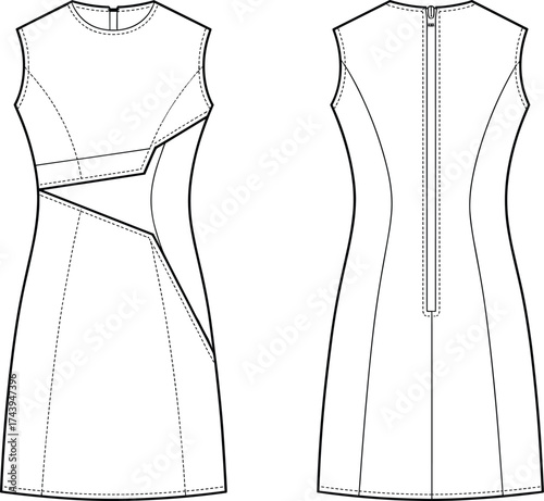 Sleeveless dress fashion flat sketch with asymmetrical seam lines, technical garment illustration, vector template for sewing, pattern making, clothing design