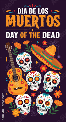 Flat style illustration of Día de los Muertos poster with sugar skulls, sombreros, and guitar, celebrating Mexican Day of the Dead, culture, remembrance, and festive tradition