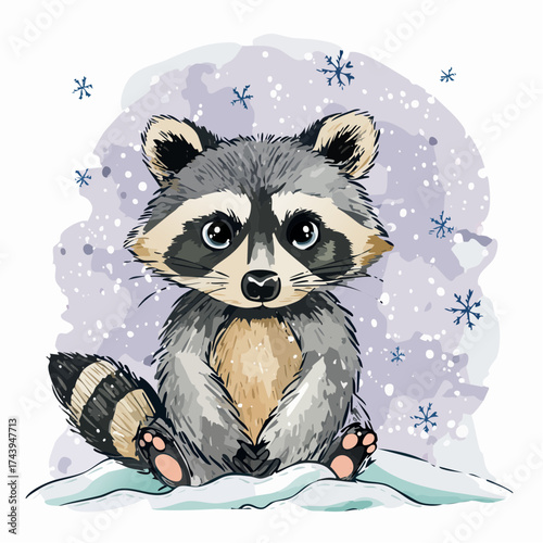 Ein Waschbär-Junges sitzt im Schnee, das flauschige Fell leicht von Schneeflocken bedeckt