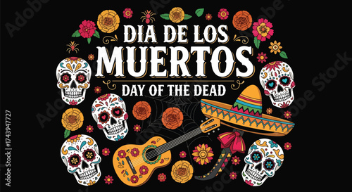 Flat style illustration of Día de los Muertos poster with sugar skulls, sombreros, and guitar, celebrating Mexican Day of the Dead, culture, remembrance, and festive tradition