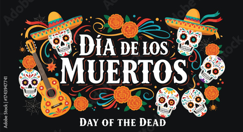 Flat style illustration of Día de los Muertos poster with sugar skulls, sombreros, and guitar, celebrating Mexican Day of the Dead, culture, remembrance, and festive tradition