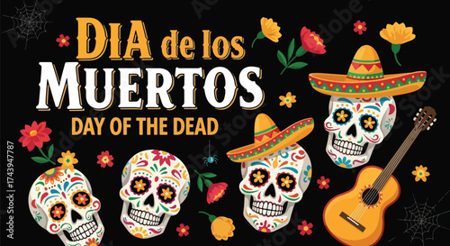 Flat style illustration of Día de los Muertos poster with sugar skulls, sombreros, and guitar, celebrating Mexican Day of the Dead, culture, remembrance, and festive tradition