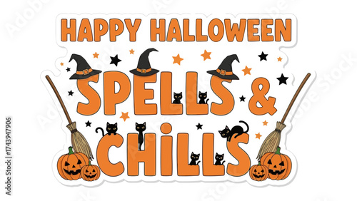 Spells and Chills: Embrace the season of magic with Happy Halloween, featuring playful elements like a witch's hat, cat, broom, and pumpkin, creating an inviting atmosphere.