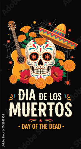 Flat style illustration of Día de los Muertos poster with sugar skulls, sombreros, and guitar, celebrating Mexican Day of the Dead, culture, remembrance, and festive tradition