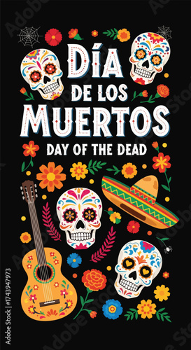 Flat style illustration of Día de los Muertos poster with sugar skulls, sombreros, and guitar, celebrating Mexican Day of the Dead, culture, remembrance, and festive tradition