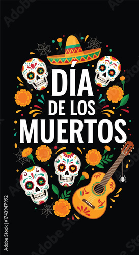 Flat style illustration of Día de los Muertos poster with sugar skulls, sombreros, and guitar, celebrating Mexican Day of the Dead, culture, remembrance, and festive tradition