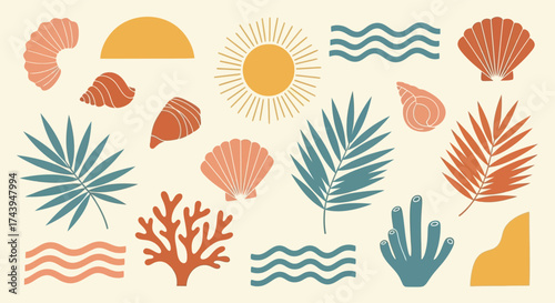 Bohemian Tropical Beach Collection: Seashells, Palm Leaves, Coral, and Sun Elements