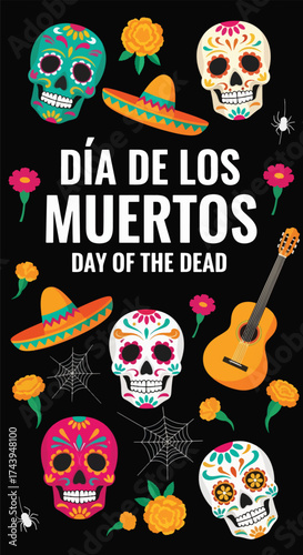 Flat style illustration of Día de los Muertos poster with sugar skulls, sombreros, and guitar, celebrating Mexican Day of the Dead, culture, remembrance, and festive tradition