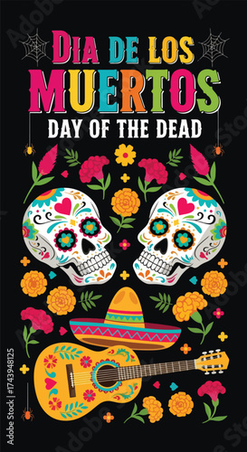 Flat style illustration of Día de los Muertos poster with sugar skulls, sombreros, and guitar, celebrating Mexican Day of the Dead, culture, remembrance, and festive tradition