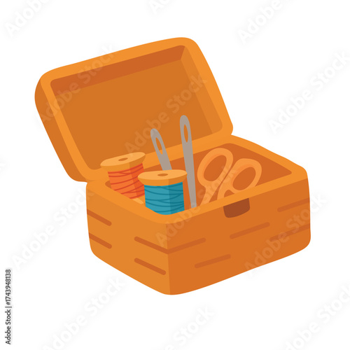 Flat vector illustration of sewing box with threads, scissors and needles, isolated cartoon clipart for crafts.