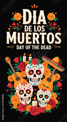 Flat style illustration of Día de los Muertos poster with sugar skulls, sombreros, and guitar, celebrating Mexican Day of the Dead, culture, remembrance, and festive tradition