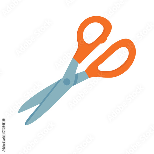 Flat vector illustration of orange handle scissors with silver blades, isolated cartoon clipart for sewing and crafts.