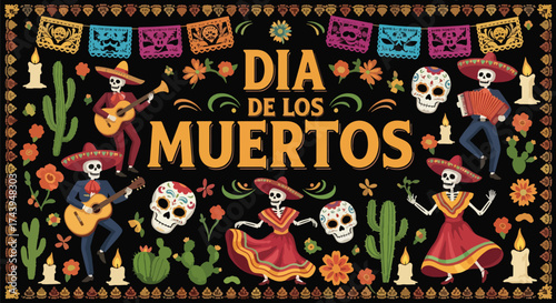 Flat style illustration of Día de los Muertos celebration with dancing skeletons, musicians, candles, and flowers, representing Mexican culture, remembrance, and festive holiday traditions