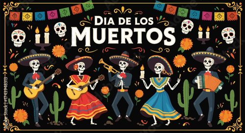 Flat style illustration of Día de los Muertos celebration with dancing skeletons, musicians, candles, and flowers, representing Mexican culture, remembrance, and festive holiday traditions