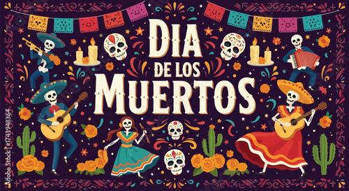 Flat style illustration of Día de los Muertos celebration with dancing skeletons, musicians, candles, and flowers, representing Mexican culture, remembrance, and festive holiday traditions
