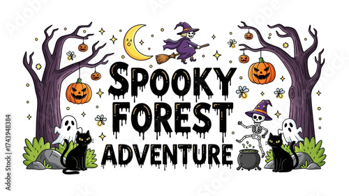 Spooky Forest Adventure: A whimsical illustration of a spooky forest scene, featuring pumpkins, ghosts, witches, and a skeleton, all under the moonlit sky.
