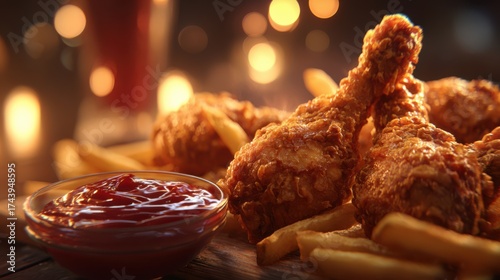 Realistic image of fried chicken drumsticks and fries beside glossy ketchup dip, cinematic lighting and depth