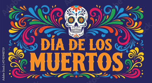 Flat style illustration of Día de los Muertos poster with sugar skull and floral decorations, celebrating Mexican culture, remembrance, and colorful traditional holiday design
