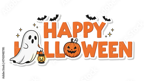 Happy Halloween: A spooky and cheerful Halloween greeting featuring a friendly ghost, carved pumpkin, and fluttering bats, all set against a backdrop of festive lettering.