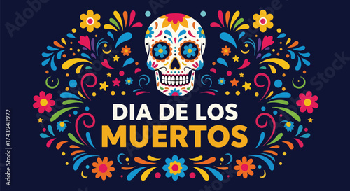 Flat style illustration of Día de los Muertos poster with sugar skull and floral decorations, celebrating Mexican culture, remembrance, and colorful traditional holiday design