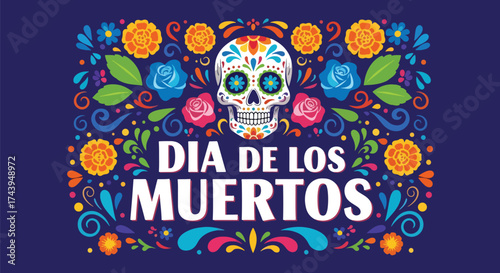 Flat style illustration of Día de los Muertos poster with sugar skull and floral decorations, celebrating Mexican culture, remembrance, and colorful traditional holiday design
